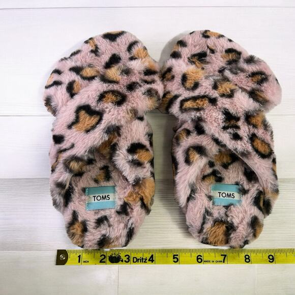 Toms Susie Slippers Women Size 7 Pink Brown Cheetah Animal Print Faux Fur Shoe - Picture 8 of 9